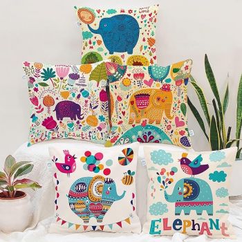 STITCHNEST Set of 5 Polycotton Cushion Covers – 16x16 Inches – Multicolor Elephant & Jungle Print – Playful Cushion Covers for Kids Room, Sofa & Living Room Decor