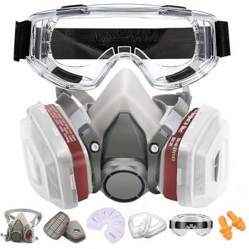 Respirator Mask with Filters Anpty Reusable Half Face Cover Gas Mask with Safety Glasses Paint Spray Half Facepiece Shield for Survival Nuclear and Chemical Spray Painting Woodworking