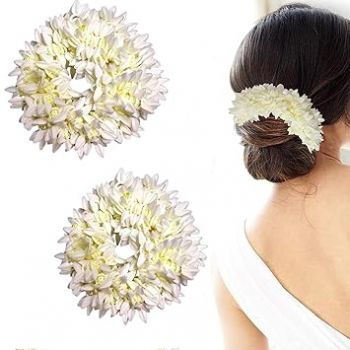 Curated Cart 2 Pcs Scented Mogra Gajra Hair Accessories for Women & Girls - Premium Artificial Hair Flower Bun Scrunchie Rubber Band - Voluminous And White