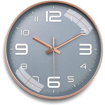 TEKCOOL Wall Clock 12" Silent Quartz Decorative Latest Wall Clock Non-Ticking Classic Clock Battery Operated Round Easy to Read for Room/Home/Kitchen/Bedroom/Office/School - Analog, Plastic Grey Gold