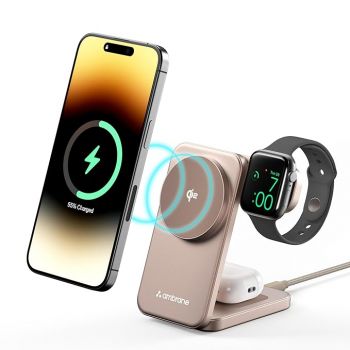 Ambrane Qi2 Magsafe Wireless 3-in-1 Charger for iPhone, Airpods&Apple Watch, Qi2 Certified Fast Charging, Premium&Foldable Design, for iPhone 16/15/14/13/12 Series (AerosynQ Trio 2 Mocha Mousse),Grey