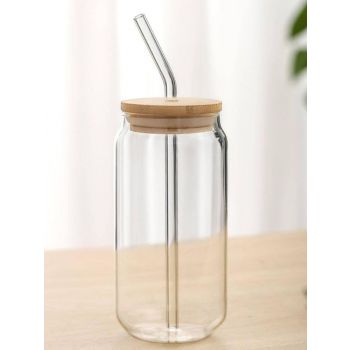 SKDBPM Ice Juice Drinks Glass Can Mug with Straw for Milk/Coffee/Green Tea Cup Set of 1-510ml Transparent Can Shape Cup (Pack of 1) (Wooden LID CAN)