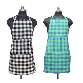 GLUN Waterproof Unisex Kitchen Checkered Design Apron with 2 Front Centre Pocket With Adjustable Neck Strap (Pack Of 2)