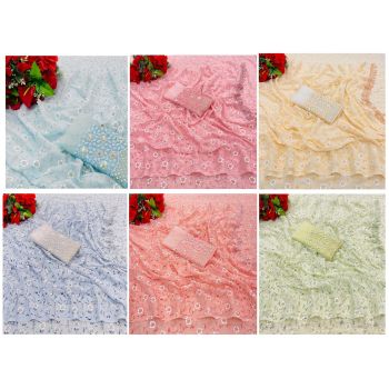 Chiffon Floral Printed Saree With Two-Tone Matching Net Sequins Embroidery Blouse 6 Pcs