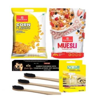 Cornflakes Musli combo  Ordinary (Cornflakes 500 gram| Musli with fruits and Nutes 500 gram |Charcoal Bamboo tooth brush  1 set| Ear phones 1 |  Neemwod comb 1)