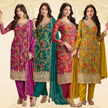 Premium Quality Chinon Dress Material (4 Pcs)