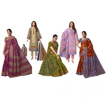 Premium Cotton Sarees 3 Pieces & 2 set Churidar Dress Meterials Combo Pack (NGT)