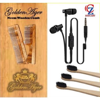 Budget Friendly Home Utility Pack  1 Gas Lighter 2 Neem Wood comb,2 Charcol Bamboo Tooth Brush & One ear Phone