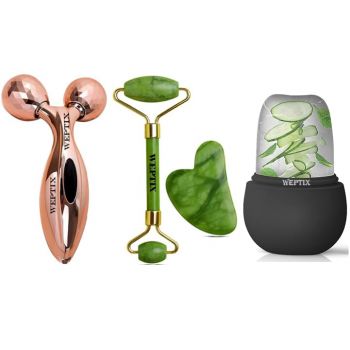 WEPTIX® 3D Manual Roller Face Body Massager With And Anti Aging 100% Natural Jade Stone Roller Msagger With Gua Sha Tools for Face and Body Massager- (Gold 3D+ Stone+New Black)