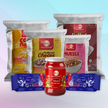 2 Isabella Sanitary pad Package 40 Pieces |Taste Maker's Multigrain Chocos 500g |Taste Maker's Corn flakes 500g |Taste Maker's Oats 1kg |Taste Maker's Muesli 500g|1 Mixed Fruit Jam  450g (Combo) 5 Sets