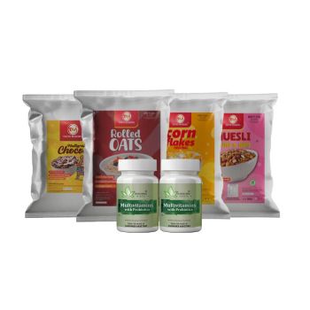 Cornflakes , Oats & Chocos ,  Muesli fruit and nut & Multivitamin Tablets Combo  (1 kg muesli (2 pack 500 gm) | 2.5 kg cornflakes(  5 pack  500 gm)|1Kg Oats |500g Chocos|Multivitamin Tablets 2 Bottle's) 21 Sets
